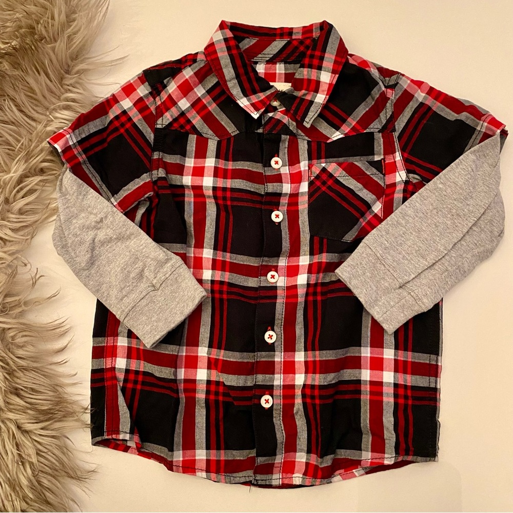 UTILITY Red & Black Plaid Button Down Layered Look Long Sleeve Shirt | 3T